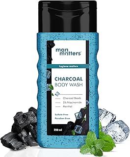 Man Matters 3 in 1 Action Charcoal & Menthol Body Wash | With Menthol, 5% Niacinamide & Activated Charcoal Beads | For Instant Cooling, Odor Protectio