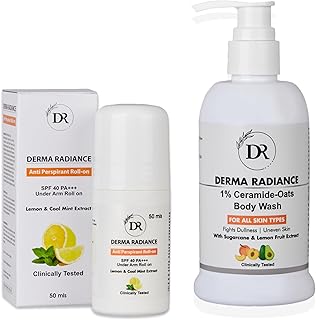 Body Dryness & Uneven Skin Combo | 1% Ceramide-Oats Moisturizing Body Wash 250ml + Anti-Perspirant Roll-On 50ml | Deep Hydration, Smooth Texture & Lon