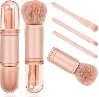 Lyrovo 4 in 1 Travel Makeup Brush Set Portable Foundation, Blush & Eyeshadow Brushes Combo with Protective Case Soft Synthetic Bristles (Rose Gold)
