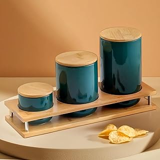 The Better Home Ceramic Jars kitchen storage with Bamboo Lid | Air-Tight jars Containers for Tea Coffee Snacks | Spice & Grains Organizer (Green (260+