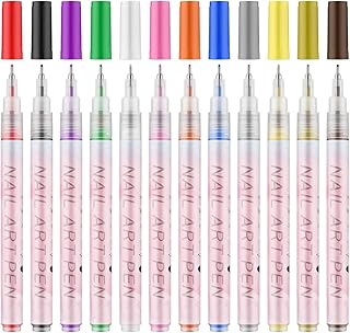 12 PCS Nail Art Pen Set 0.7MM Fine Tip 3D Nail Drawing Pens Colorful Nail Gel Polish Pens for DIY Nail Design Manicure Tools Professional Nail Art Kit