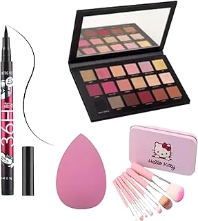 Makeup Combo Kit with 18 Color Nude Eyeshadow Palette, Liquid Eyeliner Pen, 7 Pcs Makeup Brush Set and Makeup Sponge Blender | Complete Beauty Kit for