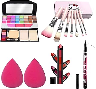 Makeup Kit Combo, 35-in-1 Eyeshadow Kit, Pink Kitty Makeup Brush Set of 7, 2 Blender Puffs, 5-in-1 Matte Lipstick Pack of 6