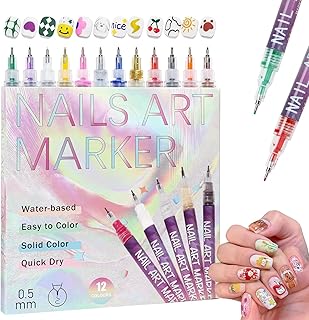 12 Colors Nail Art Pens Set – 0.5mm Ultra Fine Nail Art Marker Pens, Quick Dry Waterproof Nail Polish Pens for DIY Nail Painting on Gel Acrylic Natura