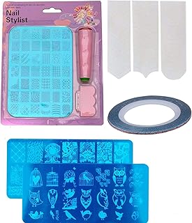 FOK Plastic Stamping Nail Art Kit Combo With 2Pc Stamping Image Plate And A French Manicure Tip Sticker With 1Pc Nail Art Tape