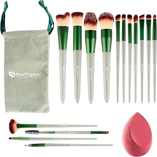 Now Organic Premium Makeup brush set of 15 with free beauty blender for beginners and professionals, easy blending brushes for complete and precise ma