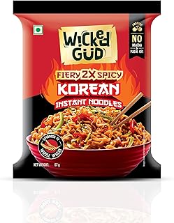 WickedGud Whole Wheat Korean Instant Noodles, 2X Spicy | Whole Wheat | No Maida | Palm Oil Free | 60g (Noodless) + 7g (Seasonings Mix)