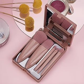Premium 5-Piece Makeup Brush Set with Compact Mirror Soft Synthetic Bristles Ideal for Foundation Eyeshadow Blush & More Portable & Durable Beauty Kit