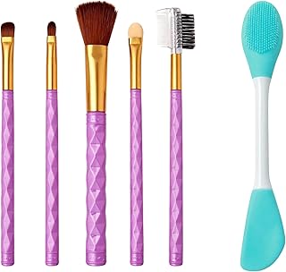 Professional 6-Piece Beauty Tool Combo – Includes 5-Piece Diamond-Grip Makeup Brush Set (Purple) & 2-in-1 Dual-Ended Silicone Face Mask Brush with Por