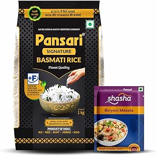 Pansari Signature Basmati Rice 1kg with Great Taste and Pure Aroma | Long Grain, Naturally Aged(2-Years) with Fortified | Basmati Rice/Biryani Rice/Pu