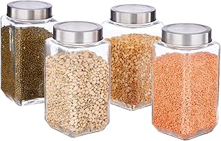 JEXE Glass Jars for Kitchen Storage (Set of 4) 1kg 1000ml – Airtight Square Glass Containers | Pantry Storage for Spices, Pulses, Cookies, Snacks, Pic