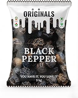 ORIGINALS Premium Black Pepper (काली मिर्च) 5 kg Handpicked Whole Peppercorns Rich Aroma Sharp Taste Natural & Hygienically Packed Spice Ideal for Coo