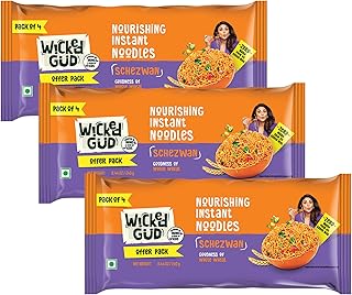 Wickedgud Whole Wheat Schezwan Noodles 240g (Pack of 4) x 3 | No Maida | No Palm Oil | Source of Protein