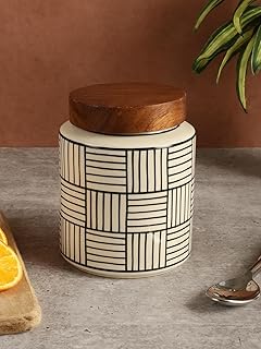 Miah Decor Ceramic Jars For Kitchen Storage With Wooden Lid Handpainted Line Design Tea Coffee Sugar Pickle Spices Stoneware Canister Food Storage Jar
