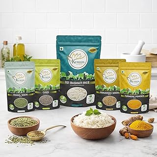 Kuhoo’s Alchemy Monthly Saver Pack: 1121 XXXL Aged Basmati Rice (1kg) with 100% Pure & Chemical-Free Turmeric (200g), Fenugreek (200g), Cumin (150g),