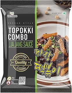 KS Foods Korean Topokki Combo with Jjajang Sauce 150g | Black Bean Tteokbokki Rice Cakes | Ready to Cook | Authentic Korean Street Food | Vegetarian