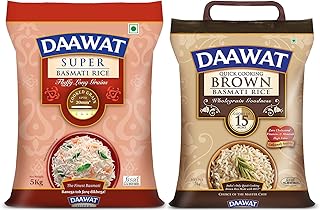 DAAWAT Super, Perfectly Aged, Long Grain With Rich Aroma Basmati Rice, 5 Kg & Brown, Cooks In 15-Minute, Full Bran Intact, Fibre-Rich Basmati Rice, 5