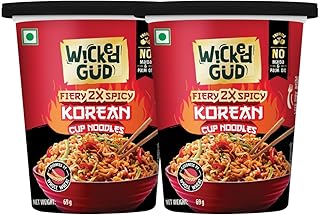 WickedGud Korean Cup Noodles Fiery 2X Spicy Pack of 2 | Whole Wheat | No maida | No Palm Oil | 69g