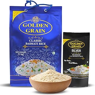 GOLDEN GRAIN Classic Basmati Rice 5Kg + Silver Platinum 1Kg Combo | Long Grain 3X With Rich Aroma Naturally Aged & Non-Sticky | Fluffy Basmati Grains