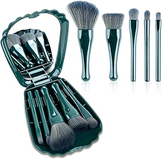 Shell Shape Makeup Brush Travel Kit Pocket Set, Mini Mirror Cosmetic Brushes for Women, Compact Purse Beauty Tools, Foldable Case for Foundation Eyesh