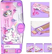 Umadiya Plastic Unicorn Magnetic Multifunctional, Cute Cartoon Compass for Girls, Buttons Operated Geometry Pencil Box Kids Include Calculator-Scissor