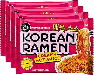 Yu Foodlabs Creamy Hot Sauce Korean Ramen - Zero Preservatives & No MSG - Pack of 4-100% Natural Ingredients & Veg - Instant Noodles Ready in 6 Mins -