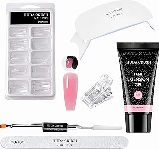HUDA CRUSH Manicure Set: Nail art kit for women with Acrylic Natural False Nails Tips, UV LED Lamp, builder gel for nail extension Girls, Nail Stampin