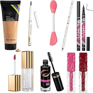Professional 9-Piece Full Face Makeup Combo – Includes HD Liquid Foundation (50ml), 36H Waterproof Eyeliner, Volumizing Mascara, 2 Velvet Matte Liquid