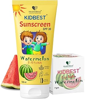 HealthBest Kids Sunscreen SPF 30 PA+++ 100ml & Natural Lip Balm 7gm Combo | Broad Spectrum UVA/UVB Protection | Nourishing, Soothing Lips, Tear-Free,