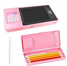 SHAKTISM LCD Writing Tablet Pencil Box with Calculator, Drawing Board Case with Erase Button and Calculator, Magic Storage for Stationery (Pink)