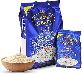 GOLDEN GRAIN Classic Basmati Rice 5Kg + Classic 1Kg Combo | Long Grain 3X With Rich Aroma Naturally Aged & Non-Sticky | Fluffy Basmati Grains | Perfec