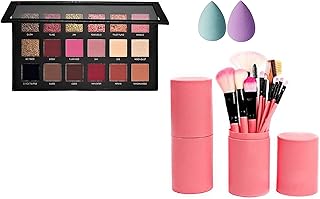 Pro Beauty Glam Rose Gold Remastered Edition Eye Shadow + Premium12 Pcs Makeup Brush Set With Storage Barrel + 2 Pcs Pro Tya Beauty Blender Puff (Rose