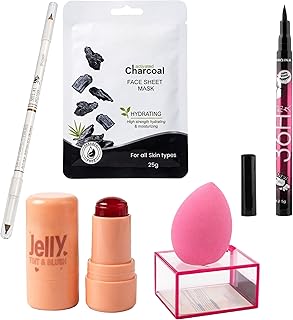 5-in-1 Beauty & Skincare Combo - Hydrating Activated Charcoal Face Sheet Mask (25g), Viral Jelly Tint & Blush Stick, 36H Waterproof Liquid Eyeliner, P