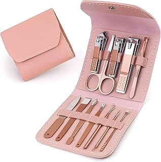 WISHKEY Professional Manicure Pedicure Set, 12-Piece Stainless Steel Nail Care Kit, Nail Cutter, Nail Scissors, Grooming Kit with Luxurious Travel Lea