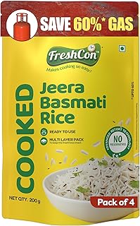 Freshcon Ready to Eat Basmati Jeera Rice 800g | Fully Cooked Long Grain Cumin Rice | Steamed & Aromatic | Heat & Serve | No Preservatives -200g Pack o