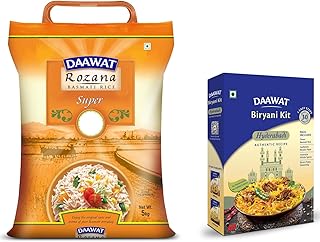 DAAWAT Rozana Super, Naturally Aged, Rich Aroma,Perfect Fit For Everyday Consumption Basmati Rice, 5 Kg & Biryani Kit Hyderabadi | Authentic Recipe |