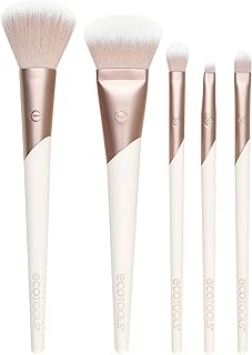 EcoTools Luxe Natural Elegance Professional Face Makeup & Foundation Brush Set, For Face, Cheek, and Eye Makeup, Ecofriendly Makeup Brushes, Pink, Lux