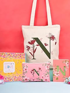 DOODLE Monogram N Diary Gift Set with Tote Bag and Pouch | B6 Soft Bound Ruled Notebook | Stationery Gift Set for Women