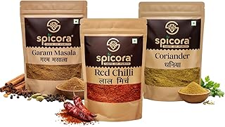 Spicora Premium Spice Combo Pack of 3 (Coriander Powder, Garam Masala & Red Chilli Powder) – 100g Each | Fresh & Aromatic Indian Masala | Kitchen Esse