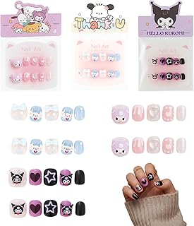 3 Pieces Nail Art Kit for Girls 6-12, Fake Nails Extension Kit with Cartoon Designs, Press on Nails Kit for DIY Manicure, Safe Artificial Nails Set fo