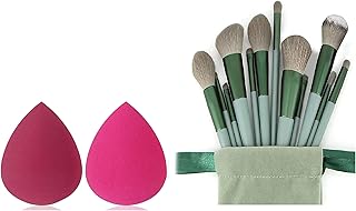 Makeup Brush Set with Sponge Blender, 13 Pieces, Green, Professional Cosmetic Brushes with Storage Pouch