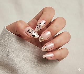 12 pce of Cat Eye Nail Art Set with Black Leaves and Golden Accents - Press-On Gel Nails for Natural cream Manicure