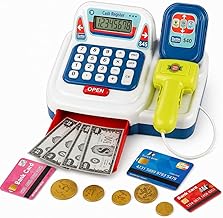 Toy Cash Register for Kids, Mini Cash Machine with Calculator, Barcode Scanner, Play Money, Credit Cards and Coins, Ages 3+