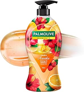 Palmolive Mindful Awake Body Wash, 750ml Shower Gel Single Pump Bottle, 100% Natural Orange & Hibiscus Extracts, pH Balanced Bodywash, Free of Paraben