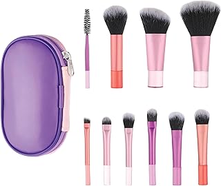Feel Good Club Brush Brigade 10 Pc Mini Makeup Brush Set with Soft Synthetic Bristles and Compact Travel Case for Face Eyes Lips Contouring Shading an