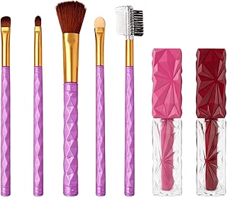 Professional 7-Piece Beauty Combo – Includes 5-Piece Diamond-Grip Makeup Brush Set (Purple) & 2 Velvet Matte "Lip Ink" Liquid Lipsticks (Rose Pink & D