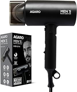 AGARO Premium Hair Dryer for Men with 1400 Watts Motor, 3 Temperature Settings & Cool Shot Button- Black