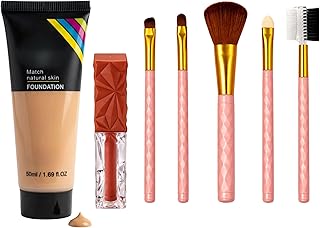 7-Piece Makeup Combo – Includes HD Liquid Foundation (50ml), Velvet Matte Liquid Lipstick & 5-Piece Professional Brush Set (Powder, Eyeshadow, Lip & B