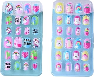 2 Boxes Nail Art Kit for Girls 6-12, Fake Nails Extension Kit with Unicorn and Bunny Designs, Press on Nails Kit for DIY Manicure, Safe Artificial Nai