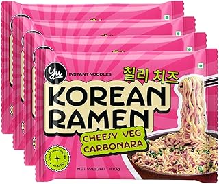 Yu Foodlabs Cheesy Veg Carbonara Korean Ramen - Zero Preservatives & No MSG - 100% Natural Ingredients & Veg - Instant Noodles Ready in 6 Mins - 400 G